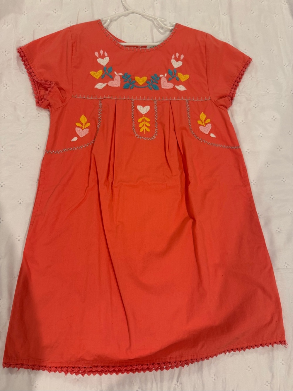 Garnet Hill Girl’s Coral Embroidered Cotton Dress